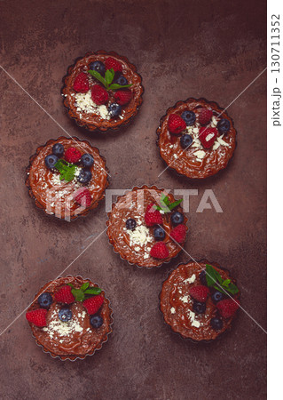 chocolate tartlets, stuffed with cottage cheese and berries, breakfast, homemade, no people, chocolate tartlets, stuffed with cottage cheese and berries, breakfast, homemade, no people, 130711352