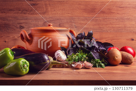 clay pot, with ingredients , for cooking Chanakhi dishes, Georgian cuisine, no people, clay pot, with ingredients , for cooking Chanakhi dishes, Georgian cuisine, no people, 130711379