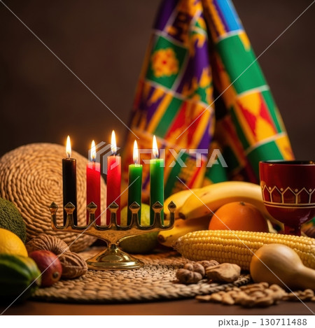 Vibrant kwanzaa celebration with kinara candles and fresh harvest display Vibrant kwanzaa celebration with kinara candles and fresh harvest display 130711488