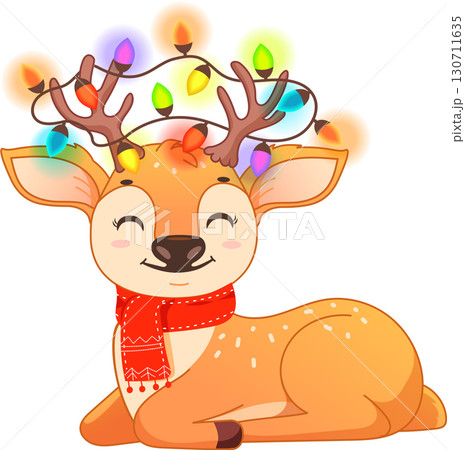 Cute reindeer with Christmas lights on antlers, vector illustration in festive colors Cute reindeer with Christmas lights on antlers, vector illustration in festive colors 130711635