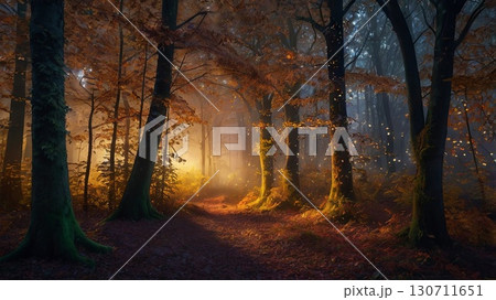 Magical nighttime forest with glowing lights and floating leaves. enchanted woodland, bioluminescent atmosphere and fantasy landscape Magical nighttime forest with glowing lights and floating leaves. enchanted woodland, bioluminescent atmosphere and fantasy landscape 130711651