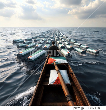 A grieving warrior ferries thousands of coffins of Palestinian dead to the afterlife. A grieving warrior ferries thousands of coffins of Palestinian dead to the afterlife. 130711800