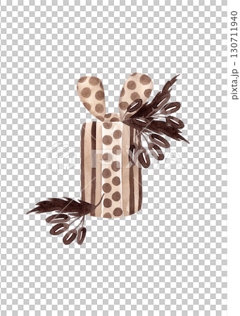 Gift striped box with a large polka dot bow. Beige and brown tones. Isolated watercolor illustration for Christmas for your design 130711940