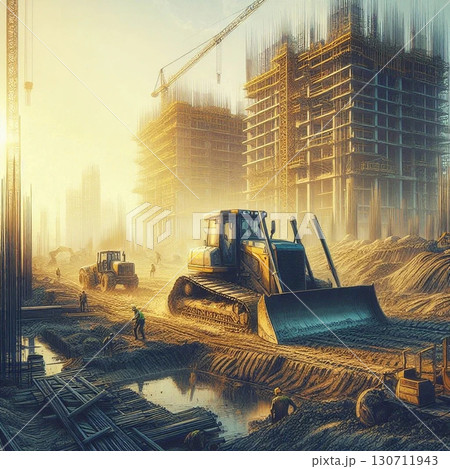 夕日に照らされる工事現場の重機 130711943