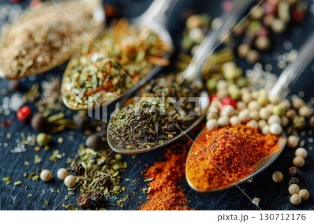 A close-up of various vibrant spices in silver spoons on a dark surface, with scattered peppercorns. A close-up of various vibrant spices in silver spoons on a dark surface, with scattered peppercorns. 130712176