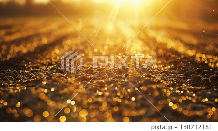 Golden sunbeams illuminating a frosty ground with shimmering bokeh lights, creating a magical winter scene. 130712181