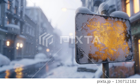 Snow-covered traffic sign with a glowing, warm light from behind, set against a blurry, atmospheric winter scene. 130712182