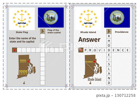 Geography of the USA for children. Question and answer. Flags, names, outline of the state and capital of Rhode Island. Crossword illustration. Geography of the USA for children. Question and answer. Flags, names, outline of the state and capital of Rhode Island. Crossword illustration. 130712258