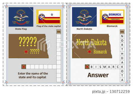 Geography of the USA for children. Question and answer. Flags, names, outline of the state and capital of North Dakota. Crossword illustration. 130712259