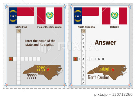 Geography of the USA for children. Question and answer. Flags, names, outline of the state and capital of North Carolina. Crossword illustration. 130712260