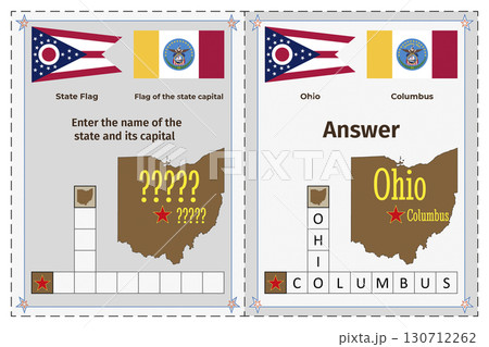 Geography of the USA for children. Question and answer. Flags, names, outline of the state and capital of Ohio. Crossword illustration. Geography of the USA for children. Question and answer. Flags, names, outline of the state and capital of Ohio. Crossword illustration. 130712262