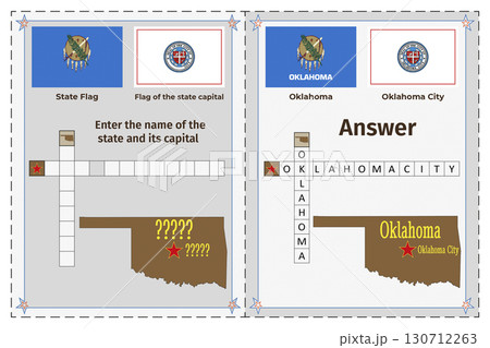 Geography of the USA for children. Question and answer. Flags, names, outline of the state and capital of Oklahoma. Crossword illustration. 130712263