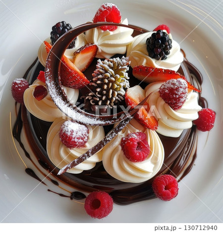 A beautifully arranged dessert features layers of whipped cream, rich chocolate sauce, and an assortment of fresh berries. The intricate presentation highlights the skill of the pastry chef. 130712940