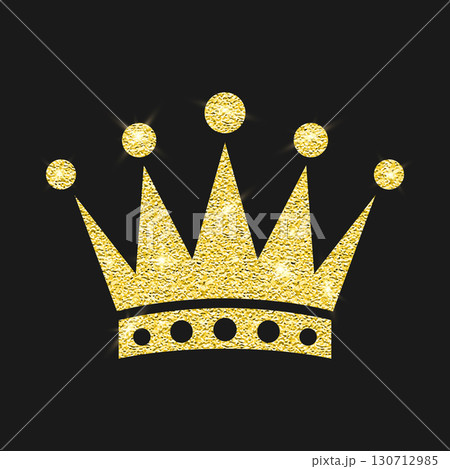 Vector Yellow Golden Glitter Crown Icon on Black Background. Queen Crown. King Glowing Crown, Royal Luxury Logo Design Element. Gold Sparkle Crown Clipart for Invitation, Greeting Card 130712985