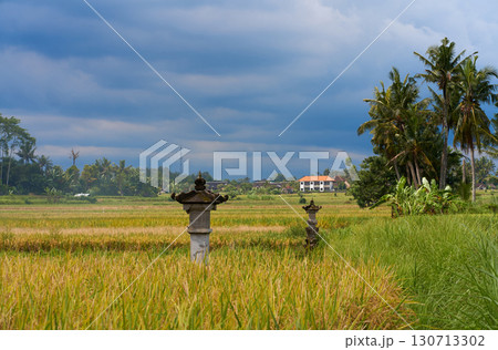A sacral sacred monument temple for worshiping the gods and making offerings stands in a rice field. 130713302