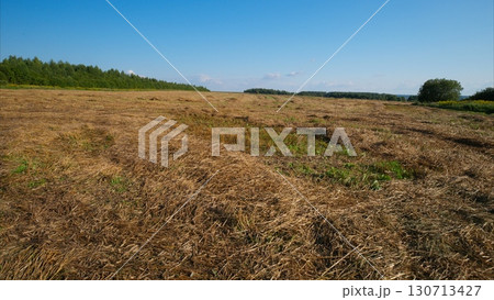 A Serene and Picturesque Landscape of a Harvested Field Beneath a Clear Blue Sky Above 130713427