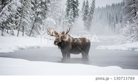 Moose Standing in River During Winter with Snowy Forest Background 130713789