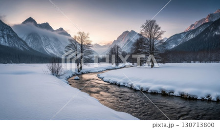 Mountain River Flowing Through Snowy Landscape with Moody Sky and Trees 130713800