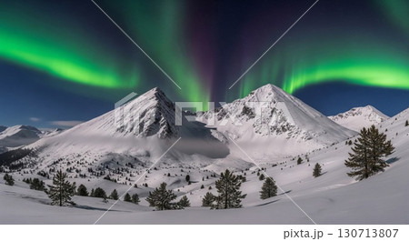 Snow Covered Mountain Peaks Under Aurora Borealis in Night Sky Snow Covered Mountain Peaks Under Aurora Borealis in Night Sky 130713807