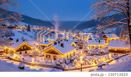 Winter Village at Night with Snow Covered Houses and Christmas Lights 130713820