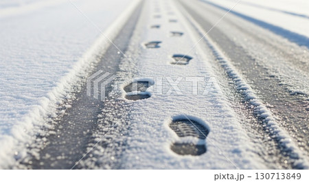 Footprints on Snowy Road Surface after Snowfall in Winter Day 130713849
