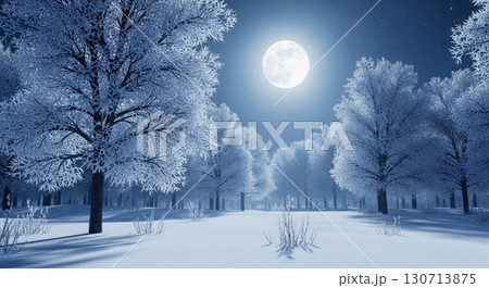 Snow Covered Trees in Winter Landscape Under Bright Moon at Night 130713875