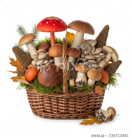 Variety of Mushrooms in Woven Basket with Moss and Leaves on White Background 130713881