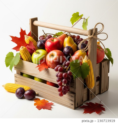 Wooden Crate Filled with Autumn Harvest of Fruits Corn and Leaves on White Background 130713919