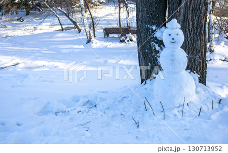 Snowman by tree in winter park, playful seasonal mood with copy space 130713952