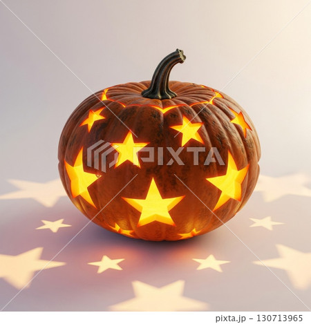 Carved Brown Pumpkin Glowing with Star Pattern on Light Background 130713965