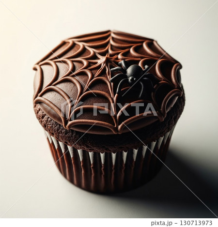 Chocolate Cupcake with Spiderweb Frosting and White Wrapper on Off White Background Chocolate Cupcake with Spiderweb Frosting and White Wrapper on Off White Background 130713973