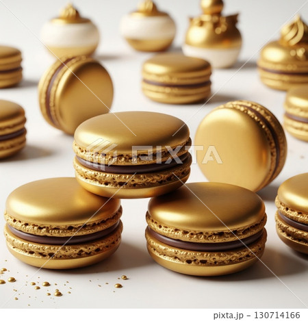 Elegant Golden Macarons Stacked on White Background Dessert Still Life 130714166