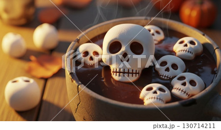 Skull Marshmallows Floating in Hot Chocolate with Pumpkins and Autumn Leaves Skull Marshmallows Floating in Hot Chocolate with Pumpkins and Autumn Leaves 130714211