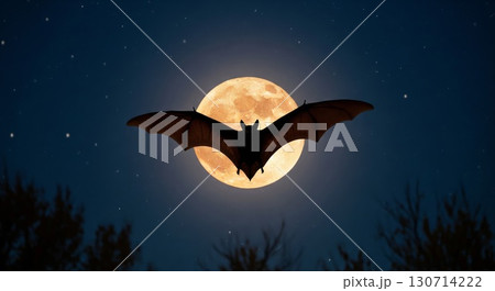 Pixelated Bat Silhouette Flying Against a Full Moon with Starry Night Sky 130714222
