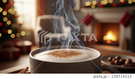 Close Up Coffee Steam and Christmas Tree in Soft Warm Ambience 130714313