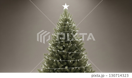 Evergreen Christmas Tree Decorated with White Star Topper and Lights on Beige Background 130714323