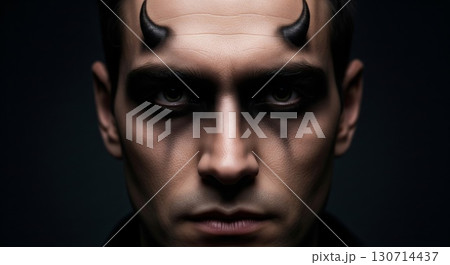 Intense Gaze of a Man with Horns Dark Makeup and Shadows against Dark Grey Background Intense Gaze of a Man with Horns Dark Makeup and Shadows against Dark Grey Background 130714437