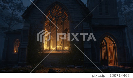 Dark Gothic Church with Glowing Windows Amidst...のイラスト素材 [130714462 ...
