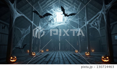 Spooky Halloween Night Scene Featuring Bats Cobwebs and Jack o Lanterns Inside Old Barn 130714463