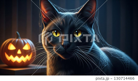 Close Up of a Black Cat with Yellow Eyes and Spooky Jack O Lantern in Dark Lighting 130714466