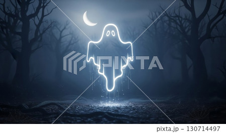 Glowing Ghost Silhouette Under Crescent Moon with Misty Trees in Dark Scenery 130714497