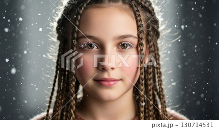 Portrait of a Young Girl with Braided Hair and Snowy Effect Against a Gray Background 130714531