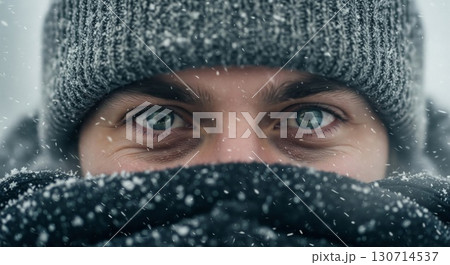 Close Up Portrait of a Man with Gray Hat and Scarf During Snowfall 130714537