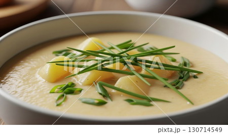 Creamy Potato Soup with Green Chives in a White Bowl on Wooden Table 130714549