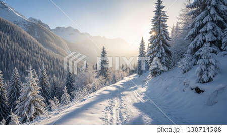 Sunlit Snowy Mountain Landscape with Evergreen Trees and Shadows on a Winter Day 130714588