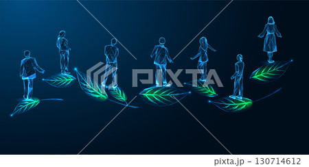 Eco leadership and sustainability teamwork concept with people standing on digital green leaves 130714612