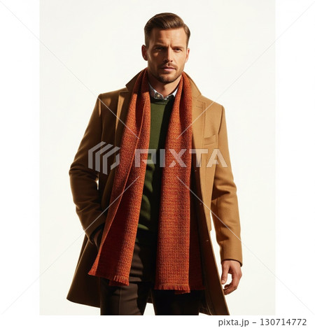Fashionable Man with Brown Coat and Orange Scarf in Studio with Bright White Background Fashionable Man with Brown Coat and Orange Scarf in Studio with Bright White Background 130714772