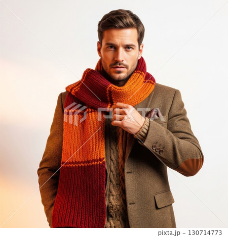Fashionable Man in Tweed Blazer with Bold Knit Scarf on Neutral Backdrop 130714773