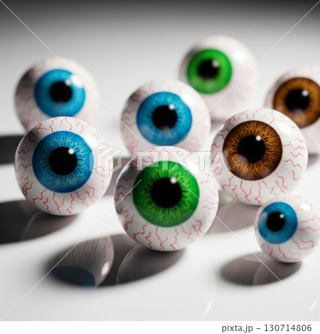 Group of Colorful Eyeballs with Veins on White Reflective Surface Closeup 130714806