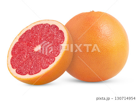 Juicy whole grapefruit and cut in a half isolated. Halved grapefruit. Grapefruit cut and whole grapefruit. 130714954